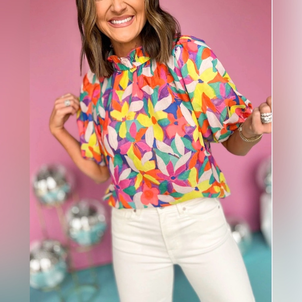 THML Bright Floral Puff Sleeve Blouse in Multicolor